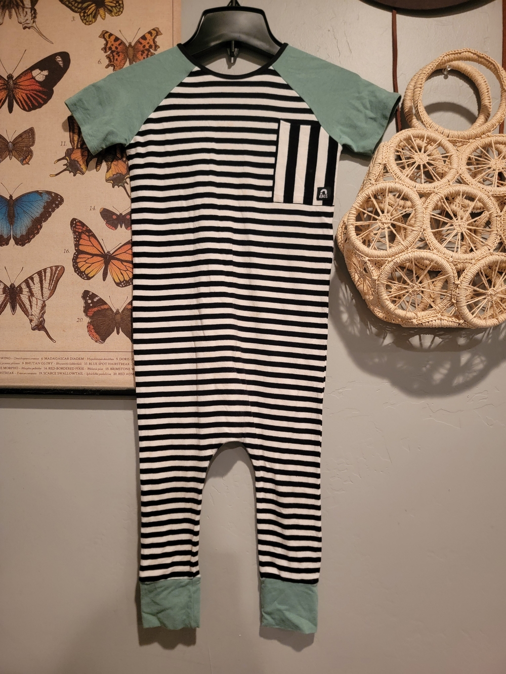 Rags to Raches Black & White Striped One-Piece with Mint Green Raglan